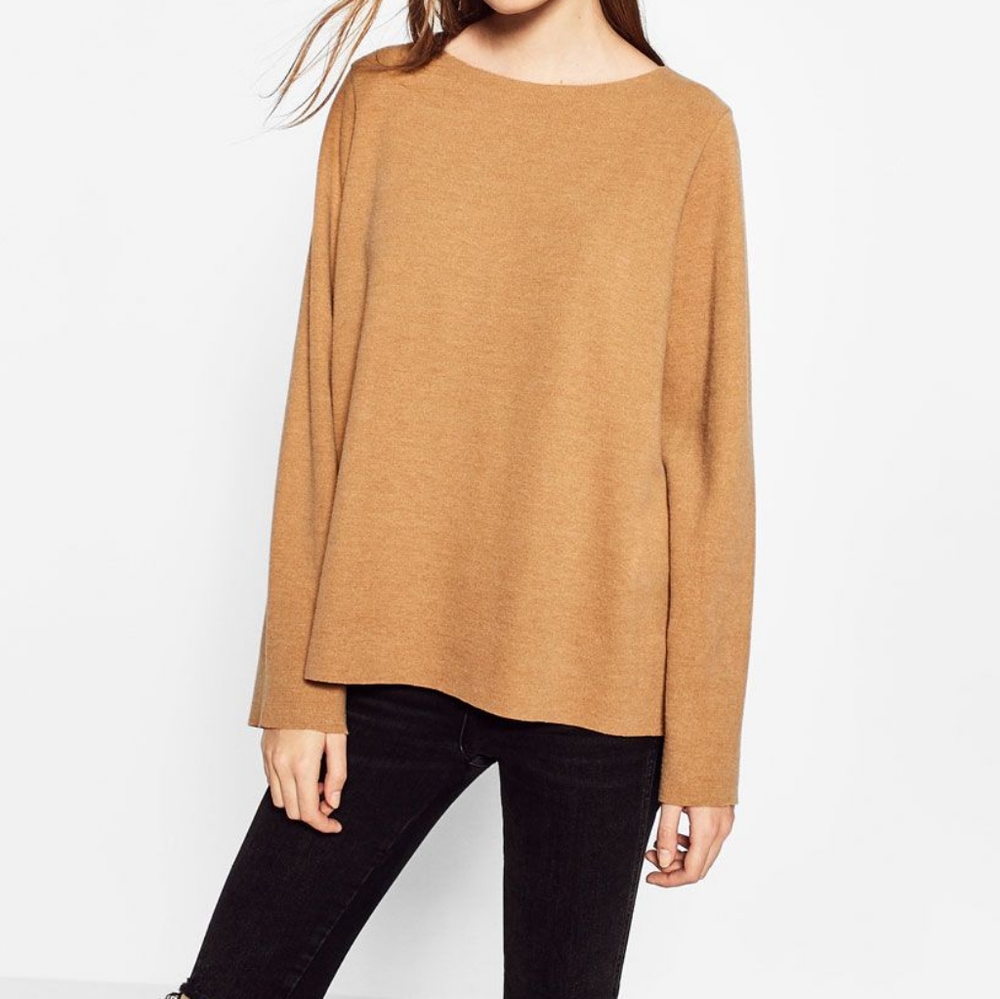 ZARA Trafaluc Camel Raw Hem Sweater Minimalist Neutral Cozy Size Small